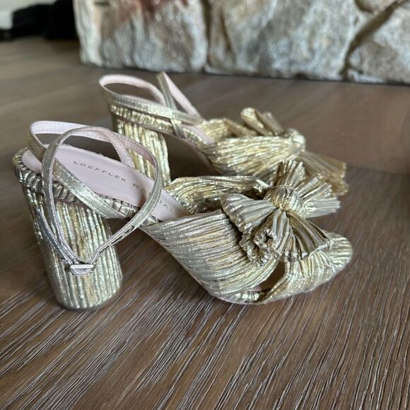 LOEFFLER RANDALL Camellia Gold Pleated Bow Heel With Ankle Strap - Picture 6 of 9